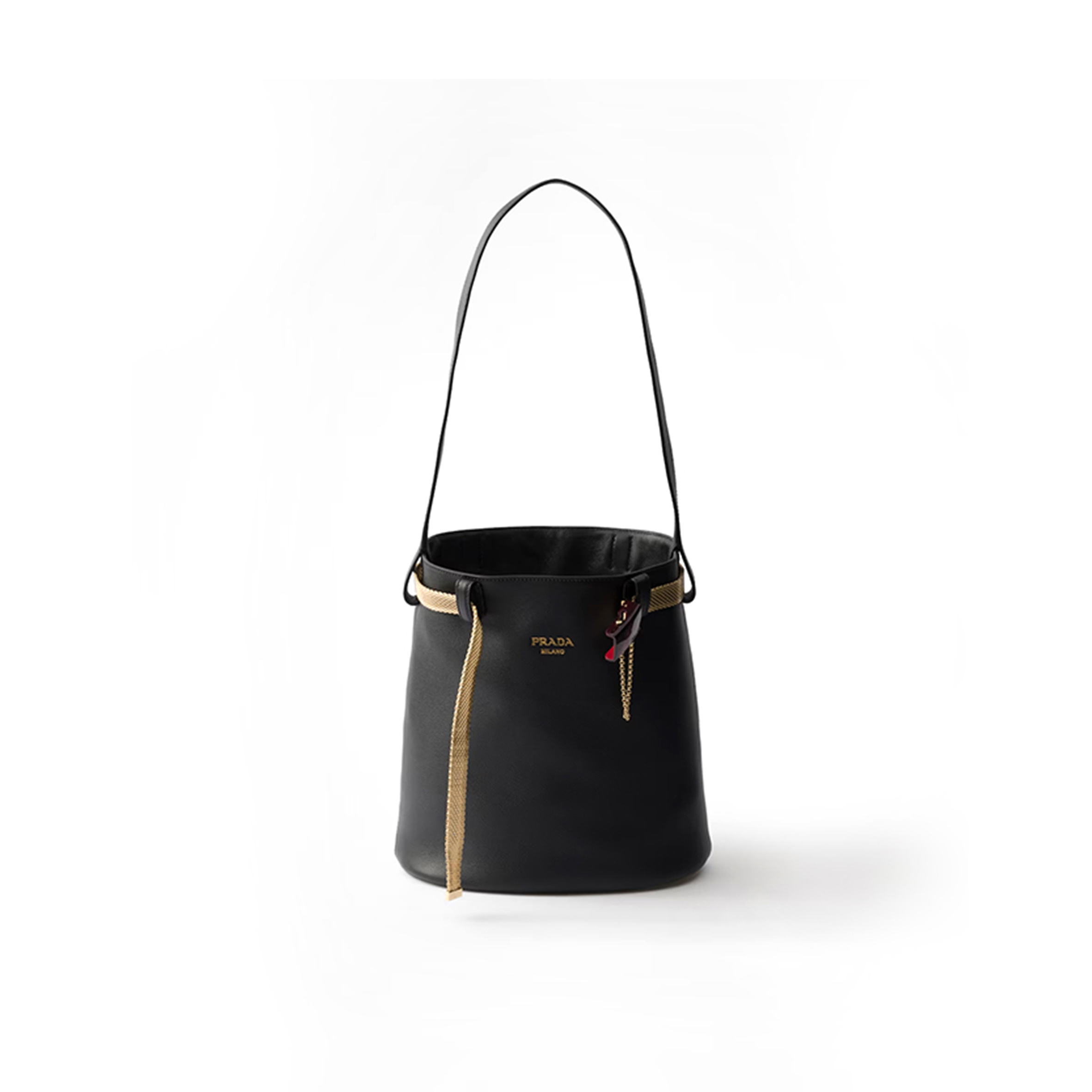 PRADA BUCKLE LEATHER BUCKET BAG WITH JEWELED BELT 1BE085 (29*16.5*18cm)